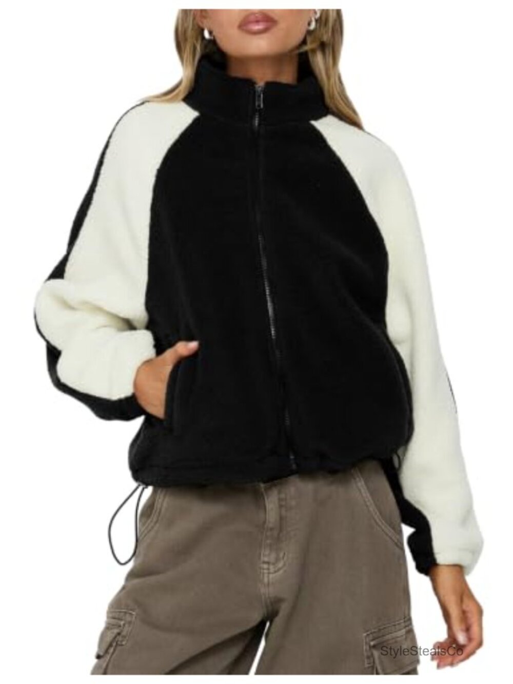 Sherpa Fleece Jacket Zip Up Color Block Warm Coat Oversized